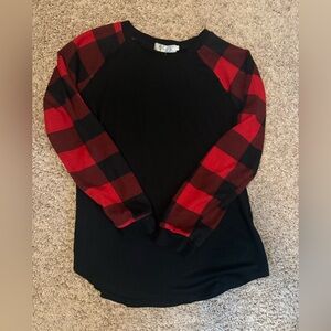 Buffalo Plaid Sleeve Long Sleeve Top - Black and Red